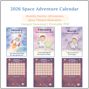 2026 space adventure kids printable calendar