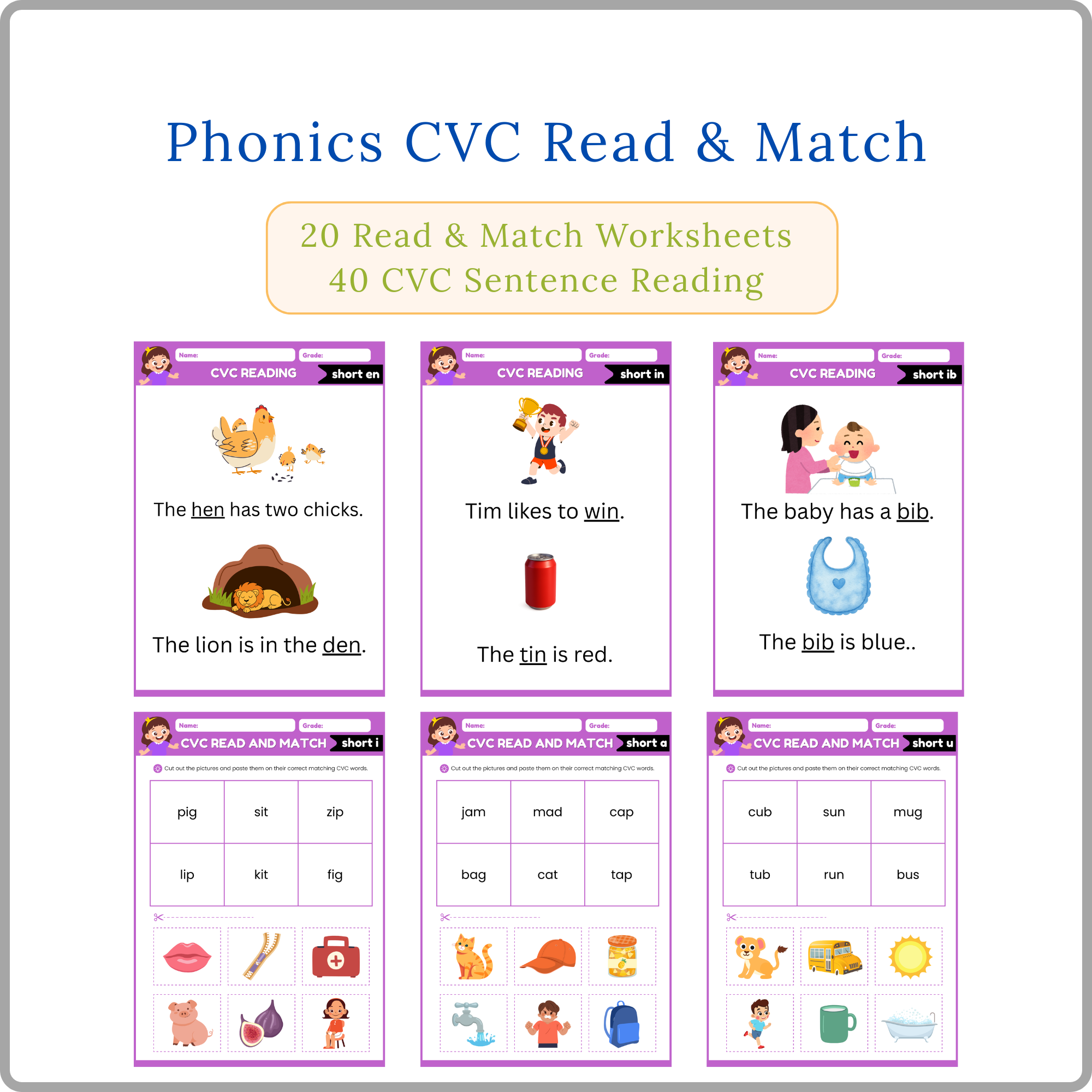 phonics cvc read & match+ sentence reading bundle phonics cvc read & match+ sentence reading bundle