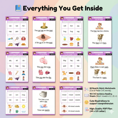 phonics cvc read & match+ sentence reading bundle