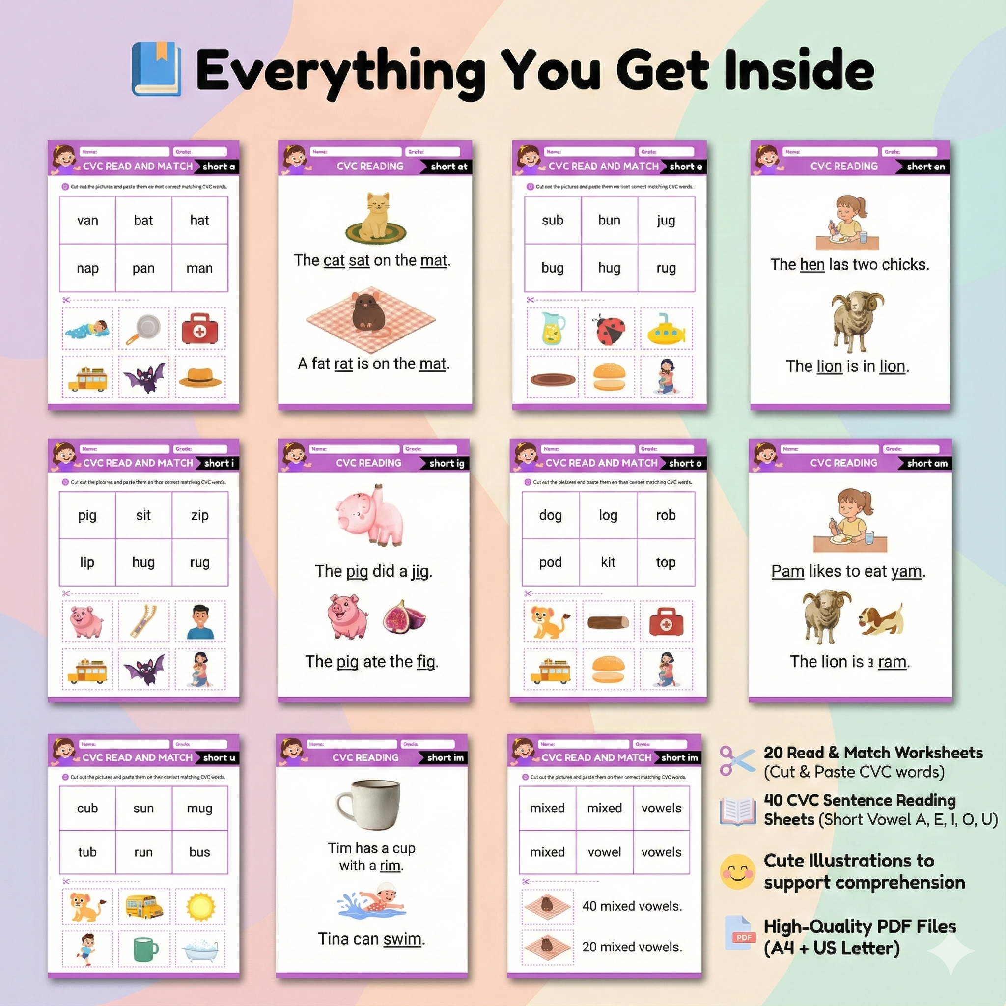 phonics cvc read & match+ sentence reading bundle phonics cvc read & match+ sentence reading bundle