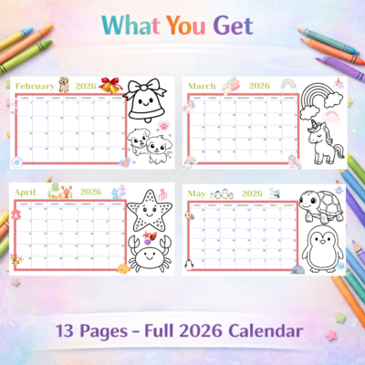 2026 coloring calendar for kids printable | fun monthly coloring pages