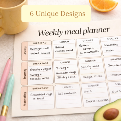 kids weekly meal planner printable | 6 unique designs | instant download a4