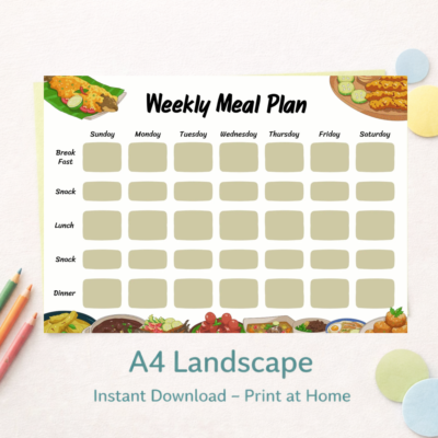 kids weekly meal planner printable | a4 landscape, 5 designs