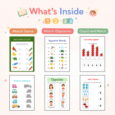 40+ matching worksheets for kids | same & opposite, count and match | printable