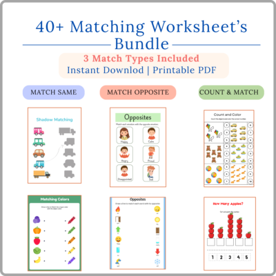 40+ matching worksheets for kids | same & opposite, count and match | printable