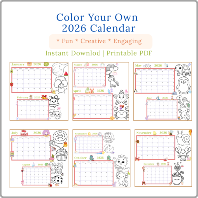 2026 coloring calendar for kids printable | fun monthly coloring pages