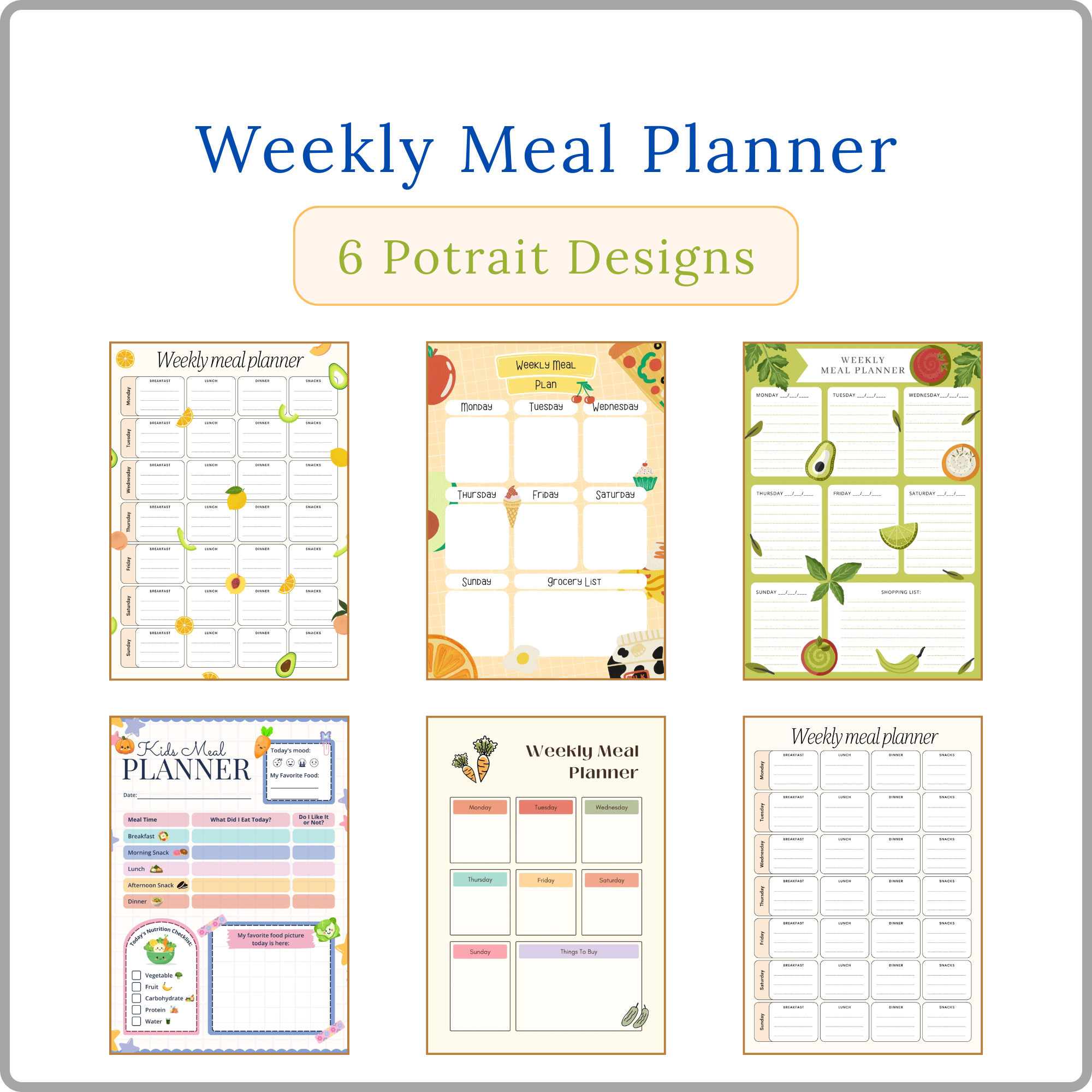 kids weekly meal planner printable | 6 unique designs | instant download a4 kids weekly meal planner printable | 6 unique designs | instant download a4