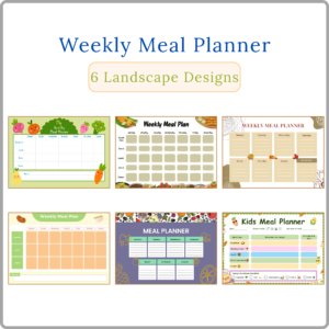 Home kids weekly meal planner printable | a4 landscape, 5 designs