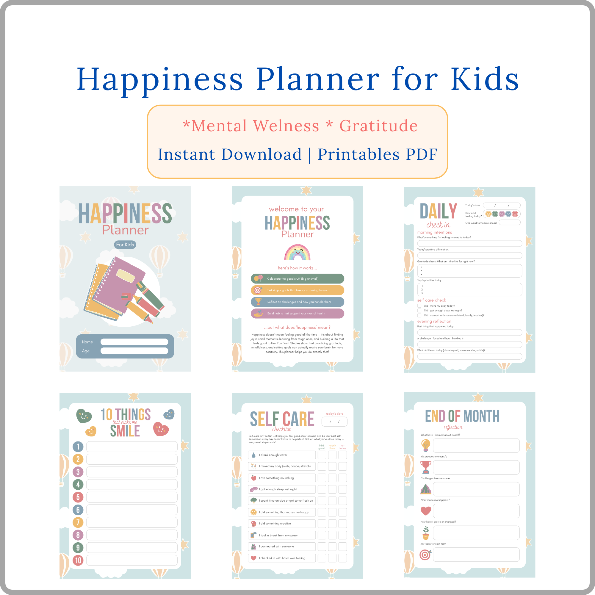 happiness planner for kids printable pdf | gratitude & self care happiness planner for kids printable pdf | gratitude & self care