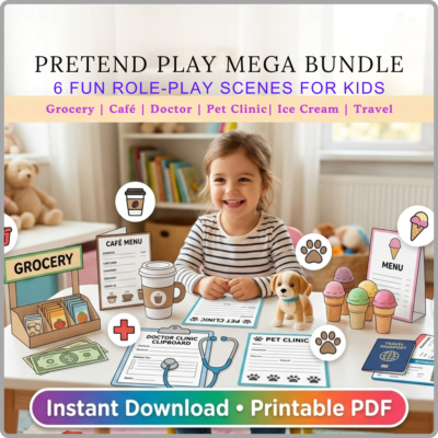 pretend play bundle for kids grocery, cafe, doctor, vet, ice cream, travel