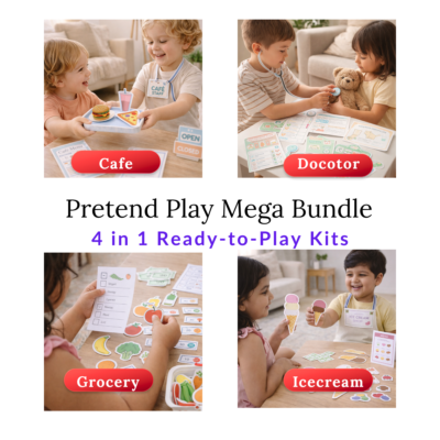 pretend play bundle for kids grocery, cafe, doctor, vet, ice cream, travel | 6 screen free ready to play kits