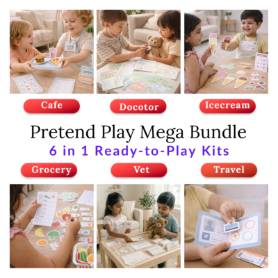 pretend play bundle for kids grocery, cafe, doctor, vet, ice cream, travel | 6 screen free ready to play kits
